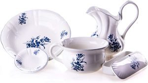 Altes Waschset aus Keramik mit blauen Blumenmuster Vintage Krug, Waschschüssel, Nachttopf, Seifenschale, und Kammschale