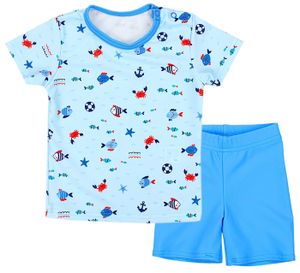 Aquarti Baby Jungen Bade-Set Zweiteiliger Kinder Badeanzug T-Shirt Badehose UV-Schutz, Farbe: Kleine Fische Hellblau / Blau, Größe: 98