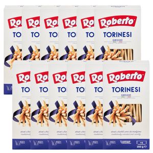 Roberto Grissini Torinesi 12x250g Beutel | ultra-dünne Brotstangen | als Snack, Beilage oder im Büro | auch perfekt zu Käse- oder Salamiplatten