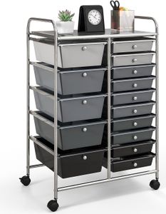 Rollwagen mit 15 stapelbare Schubladen, Aufbewahrungswagen Badrollwagen mit 4 Universalrädern, Haushaltswagen Metallgestell für Büro Küche Bad Wohnzimmer (Dunkelgrau+Schwarz)