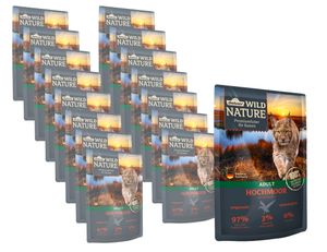 Dehner Wild Nature Katzenfutter Hochmoor, Nassfutter getreidefrei / zuckerfrei, für ausgewachsene Katzen, Ente / Pute, 16 x 85 g Beutel (1.36 kg)