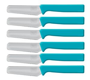 6 Stück homiez Frühstücksmesser KNIFE blau, Brötchenmesser, Tafelmesser, Brotzeitmesser, Wellenschliff, Soft-Griff