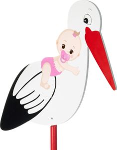 BRUBAKER Großer Storch aus Holz mit Baby Rosa - Klapperstorch zum Stecken für Innen und Außen - Geburt Babystorch für Mädchen - Geburtsgeschenk 100 cm groß, beidseitig bedruckt
