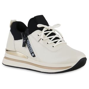 VAN HILL Damen Plateau Sneaker Zipper Schnürer Prints Profil-Sohle Schuhe 840982, Farbe: Beige, Größe: 41