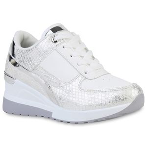 VAN HILL Damen Sneaker Keilabsatz Schnürer Metallic Prints Schuhe 837770, Farbe: Weiß Silber Metallic Snake, Größe: 38