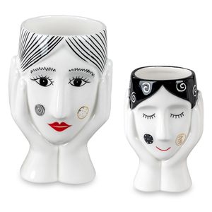 2er Set Vase mit Gesicht schwarz weiß Design 15-20 cm Blumenvase Keramik