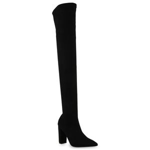 VAN HILL Damen Stiefel Overknees Blockabsatz Spitze Schuhe 839713, Farbe: Schwarz, Größe: 40