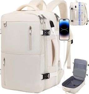 Delgeo Reiserucksack für Damen und Herren, Großer Handgepäck-Rucksack, Erweiterbare Handgepäcktasche, 17-Zoll-Laptop-Rucksack für Reisen, Wandern im Freien, Beige
