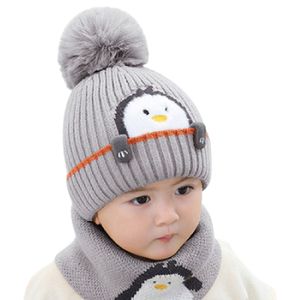 1-3T Gestrickte Cartoon Tier Druck Baby Hut Winter Plüsch Ball Pinguin Druck Neugeborenen Hut für Einkaufen-grau