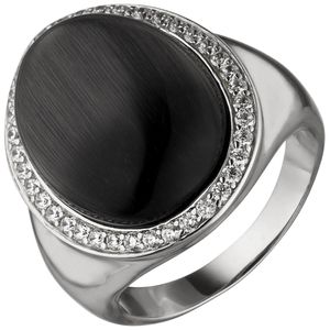 Ring Damenring mit Mondstein-Imitation schwarz mit Wölbung 38 Zirkonia 925 Silber Innenumfang 62mm  Ø19.7mm