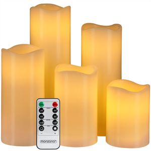 MONZANA 5x LED Kerzen mit Timerfunktion flackernde Flamme Fernbedienung 5 Größen Dimmbar elektrische Echtwachs Kerzen Batterie Groß Warmweiß ø7,5cm