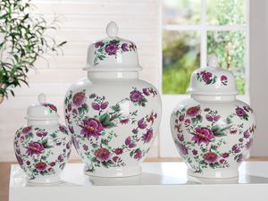 GILDE Deckelvase, bauchig, "Florale", Blumendesign, Keramik, lila, weiß, , H. 31,5 cm, D. 22 cm 34263