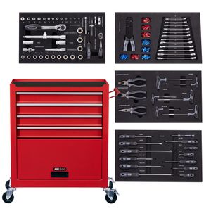 AREBOS Werkstattwagen, 4 Schubladen, inkl. 81-TLG. Werkzeug + großes Fach, Werkzeugwagen, Transportsicherung, Rot