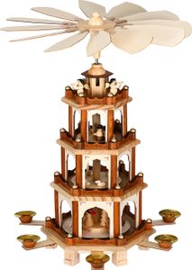 Weihnachtspyramide aus Holz 4-stöckig für 6 Kerzen - Weihnachtsdekoration Weihnachten Holzpyramide Echtholz Deko, Farbe:braun
