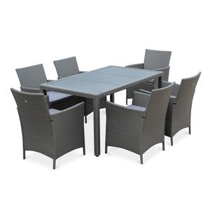 Gartengarnitur 6 Personen - Tavola 6 Grau - Kunststoffrattan, 150 cm Tisch, graue Kissen, 6 Sessel