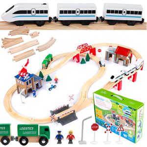 Kinderplay Holzeisenbahn Set - Elektrische Eisenbahn für Kinder, Elektrisch Spielzeug Zug, Polizeistation, Autobahn Kinder und Bahnset mit Brücke, GS0010