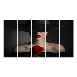 Bild auf Leinwand Rote Rose Blume Frau Lippen Schwarzer Hut Mode Model Schönheit Wandbild Poster Kunstdruck Bilder 170x80cm 5-teilig