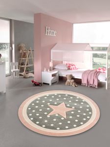 Kinderteppich Spielteppich Babyteppich rund mit Stern in Rosa Grau Weiss Größe - 80 cm Rund