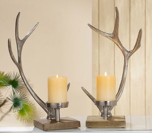 Gilde Kerzenständer Geweih aus Aluminium mit Holzfuß, 41,5x19,5x14 cm, silber, 2-teiliges Set