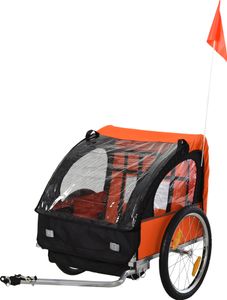 HOMCOM Kinderanhänger Kinderfahrrad geeignet für 2 Kinder, Stahlrahmen, Sitzträger mit Sicherheitsgurt, für Kinder ab 18 Monaten, Oxford-Gewebe, Stahl, 130x76x88 cm, Orange+Schwarz