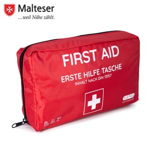 FLEXEO Erste-Hilfe-Tasche für Betriebe, Zuhause und Unterwegs, Inhalt nach DIN 13157, rote Verbandtasche mit Füllung
