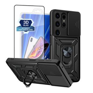 Armor Hülle für Samsung Galaxy S24 Ultra mit 9H Displayglas Displayschutz Kameraschutz Handy Panzer Case Cover Schutzhülle Outdoor Farbe: Schwarz