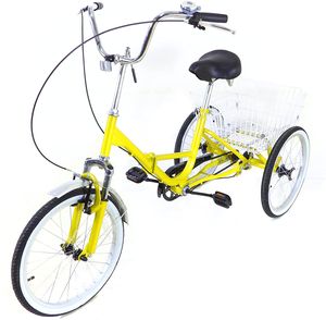 20"  Dreirad für  Erwachsene Gelb Erwachsenendreirad  Faltbar  Single Speed   U-förmige Lenker Trike mit Korb  für Senioren, Frauen, Männer
