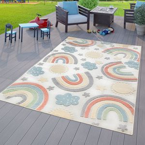 Kinderzimmer Outdoor Teppich Kinder Spielteppich Regenbogen Design Creme Größe Ø 160 cm Rund