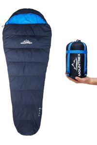 MOUNTREX® Schlafsack - Kleines Packmaß & Ultraleicht (750g) - Outdoor Sommerschlafsack (100GSM) Mumienschlafsack – Camping, Reise, Festival – Warm und Koppelbar (Dunkelblau/Blau)