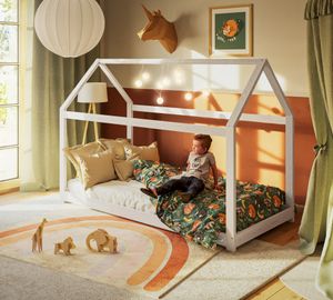 Alcube® Hausbett 90x200 mit Matratze im Montessori Stil für Mädchen und Jungen - Kinderbett 90x200 Bodentief aus massivem Kiefernholz - Bett in Weiß
