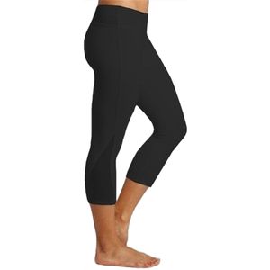 Frauen Solid Color Polyester Hohe Taille Enge Fitness Leggings Yogahosen Caprihose Schwarz L.
