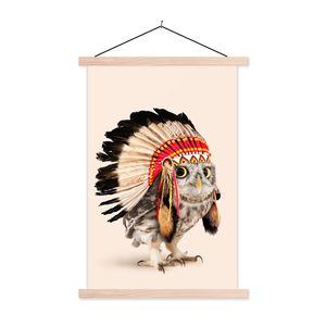 MuchoWow® Textilposter Tier - Eule - Indianer - Vogel 120x180 cm mit holzfarbenen Rahmen - Textil-Plakat