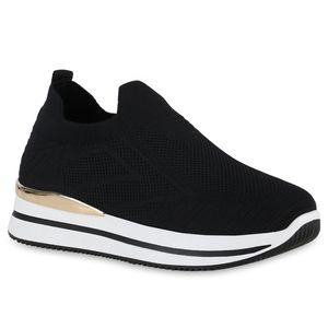 VAN HILL Damen Plateau Sneaker Strick Profil-Sohle Slip On Stoff-Schuhe 840968, Farbe: Schwarz, Größe: 39