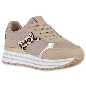 VAN HILL Damen Plateau Sneaker Metallic Schnürer Profil-Sohle Schuhe 840233, Farbe: Khaki Hellbraun Gold Leo Metallic, Größe: 37