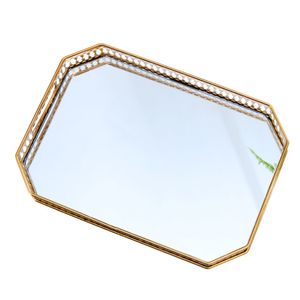 Dekorativní podnos kovový skleněný vintage zrcadlo skleněný úložný podnos zrcadlový podnos zlatý pro komodu, koupelnu (obdélník)