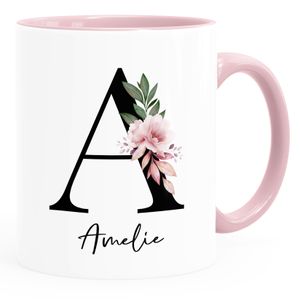 Kaffee-Tasse mit Buchstabe Monogramm personalisiert mit Namen Initiale Blumen-Motiv persönliche Geschenke SpecialMe® rosa Keramik-Tasse
