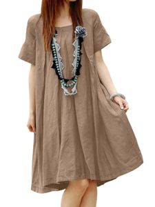 Damen Sommerkleider Kurzarm Kleider Mini Kleid Rundhals Freizeitkleider Strandkleid Khaki,Größe 2XL
