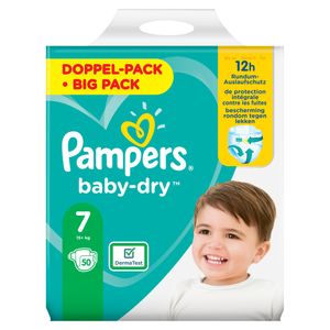 Pampers Baby-Dry Größe 7, 50 Windeln, bis zu 12 Stunden Rundumschutz, 15kg+