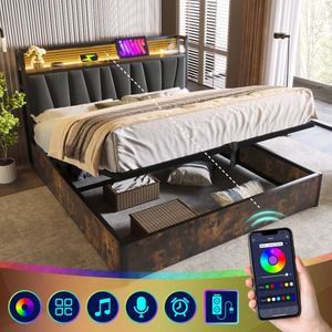 Čalouněná postel Fortuna Lai LED 180x200 cm, úložný prostor s USB a zásuvkami, kovová postel pro mládež Manželská postel s roštovým rámem a úložným prostorem, povlečení, šedá barva