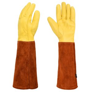 Gartenhandschuhe Für Damen und Herren -  Leder Handschuhe dornensichere Thorn Proof Atmungsaktiv & Haltbarkeit Gauntlet Handschuhe(bräunlichgelb,M)
