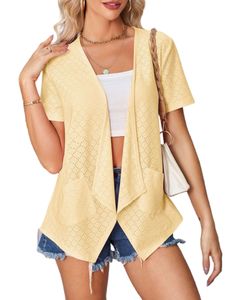 Damen Strickjacken Sommer Kurzarm Einfarbig mit Taschen Shirt Leichte Cardigans Gelb,Größe XL
