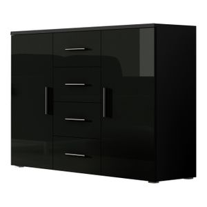 Furniture24 Kommode Uni - SOHO Sideboard mit 4 Schubladen, 2 Türen Schwarz/Schwarz Hochglanz