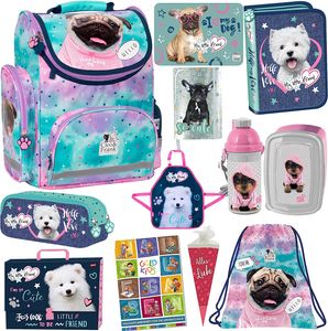 Set XXL 12er Schulranzen Ranzen Tornister Federmappe Turnbeutel Turnsack Zuckertüte Malunterlage Tagebuch Brotdose Trinkflasche Schürze Aktenmappe Stiftetasche Aufgabenheft Hund Dog Motiv