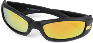 styleBREAKER Kinder Sport Sonnenbrille mit Flammen Print, Kunststoff Rahmen und Polycarbonat Gläser, Vollrand 09020089, Farbe:Gestell Schwarz / Glas Gelb verspiegelt