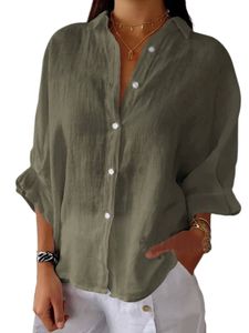 Damen Blusen Baumwolle Shirts Leinen Langarm Hemden Baggy Button Down Sommer Tops Armeegrün,Größe S