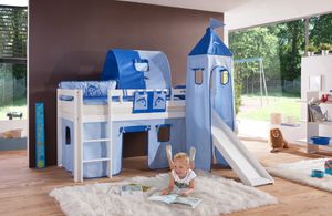 Relita - Halbhohes Spielbett Alex mit Rutsche/Turm/Tunnel Buche massiv weiß lackiert mit Stoffset blau/delfin