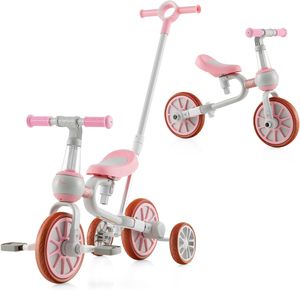 Dreirad ab 2 Jahre, 4-in-1 Laufrad mit Verstellbarer Schubstange & abnehmbarem Pedal, Kinderdreirad Balance Bike bis 30kg (Pink)