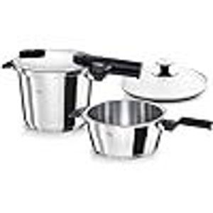 Fissler Vitaquick / Schnellkochtopf-Set, 3-teilig (2 Schnellkochtöpfe mit Metalldeckel 3,5 L + 6 Liter ,1 Zusatz-Glasdeckel) – Induktion