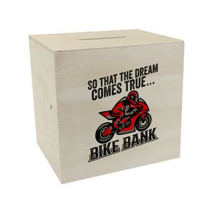 Bike Bank Spardose aus Holz mit Spruch und Motorrad in rot