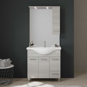 Stehender Badezimmerunterschrank 85 cm mit Türen und Schublade in grauer Eiche mit Spiegelschrank und Hängeschrank